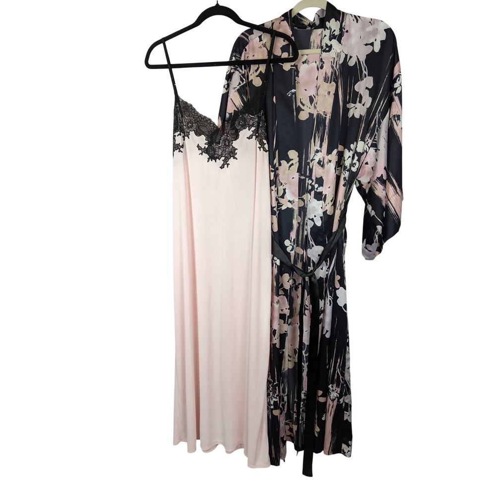 Natori Womens Pink Black Floral Lace Trim Chemise Nightgown and Robe Set Large